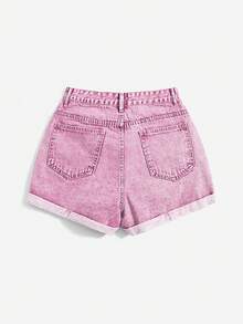 SHEIN Essnce 夏季休闲水洗做旧牛仔短裤 - 粉色 - 查看 2