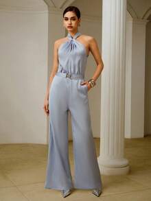 ZEYLAH Women's Satin Ruched Halter Belted Wide Leg Jumpsuit - Blue - View 6