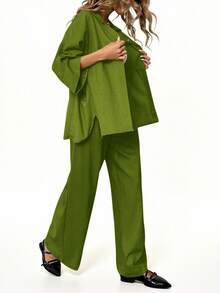 Aveloria Modichic 2件套 女士混纺侧开衩宽松衬衫和高腰阔腿裤 优雅商务休闲女装 - 綠色 - 查看 3