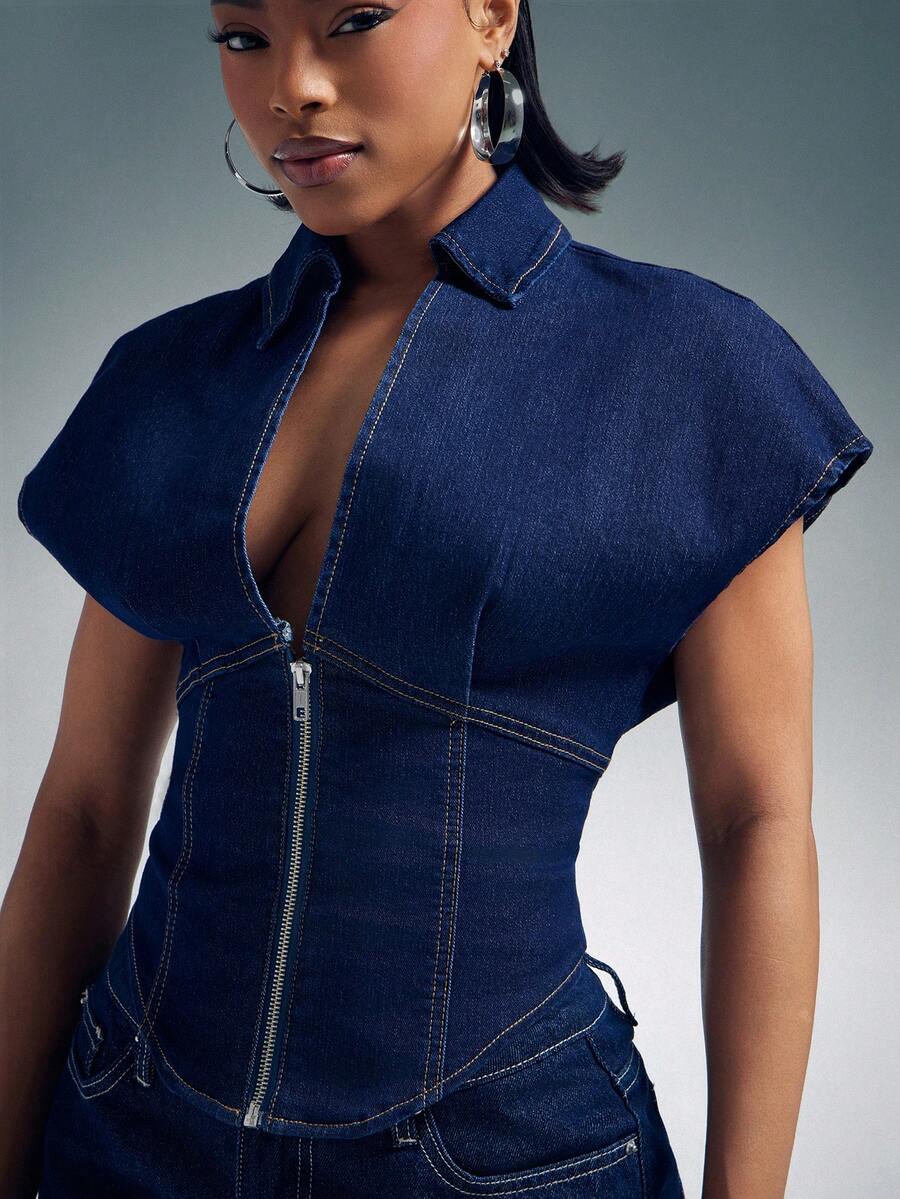 Denimoi 女士休闲百搭日常牛仔外套 - 深色水洗藍 - 查看 1