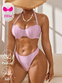 Voyashape 女士纯色挂脖系带时尚比基尼泳装套装 - 粉色 - 查看 3