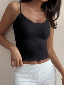 DAZY Áo hai dây ôm dáng màu đen phối ren, trang trí nơ, thích hợp cho mùa xuân và hè, kiểu dáng thường ngày đi nghỉ mát dành cho nữ. - màu đen - Xem 4