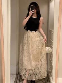 DAZY Spring/Summer Lace Patchwork Elegant Long Dress, Suitable For Wedding, Party, Formal Occasion, Commute - Black - View 3