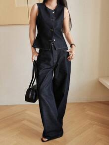 Dazy-Less Bộ đồ denim nữ phong cách xuân/hè, dáng rộng thoải mái, kiểu dáng nghỉ dưỡng, áo vest không tay màu xanh dương và quần ống rộng thẳng, sang trọng kiểu cổ điển. Phong cách công sở thường ngày. - Màu xanh lam - Xem 8