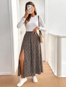 SHEIN Tall CURVE 大码印花开衩大腿休闲裙 - 咖啡棕 - 查看 4