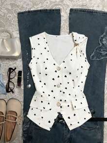 Selianne Women's Heart Print Single-Breasted Decorative Button Tank Top - White - View 6