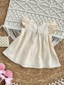 新生女宝宝优雅可爱杏色纹理蝴蝶结装饰短袖连衣裙 - 白色 - 查看 3