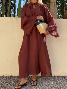 DAZY 春季宽松优雅波西米亚风沙滩中长连衣裙 - 酒紅色 - 查看 5