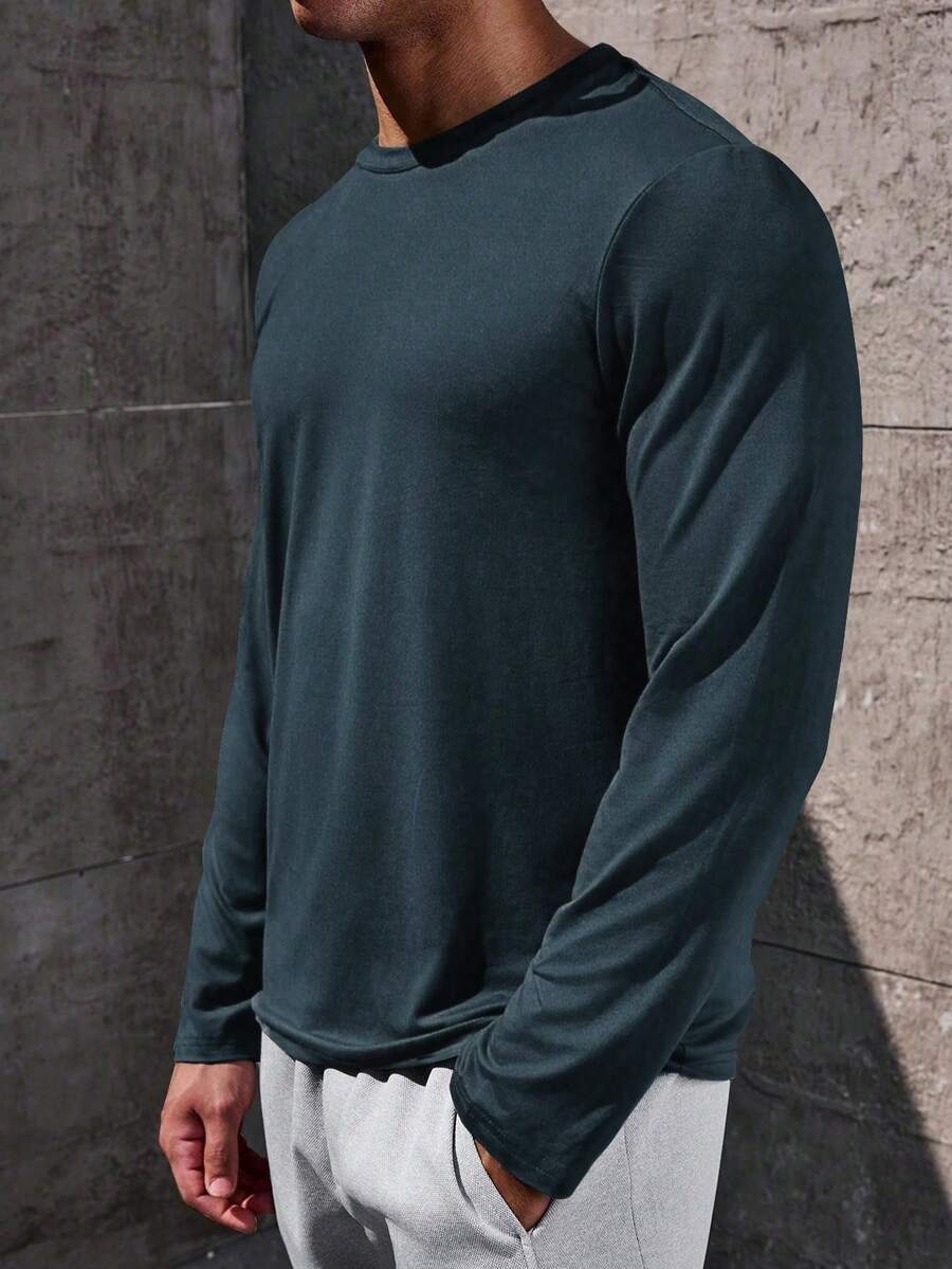 Manfinity Homme Camiseta de manga larga casual y versátil de cuello redondo de unicolor para hombres - Neblina azul - Ver 1