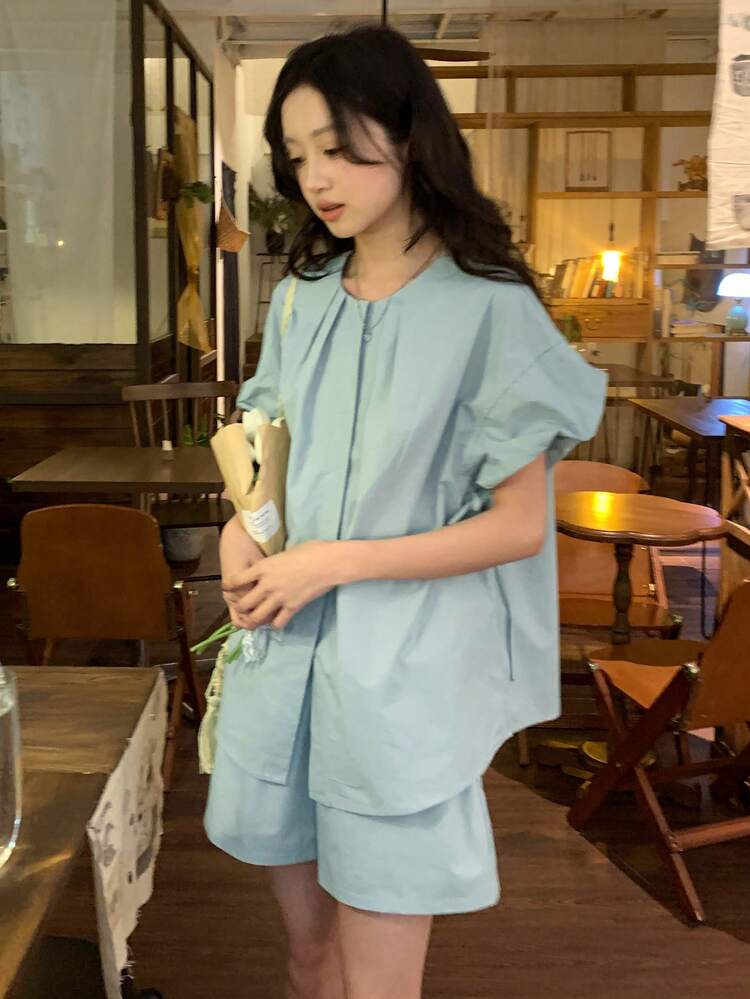 Women's Solid Color Loose Pleated Drawstring Princess Sleeve Shirt And Straight Leg Shorts Casual Holiday 2-Piece Set, Spring/Summer