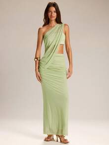 SHEIN BAE 女士纯色褶皱无袖上衣和半裙两件套，适合度假穿着 - 綠色 - 查看 3