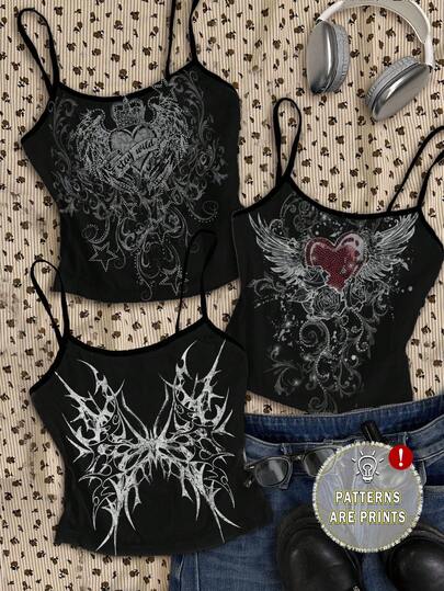 Attitoon 3pcs/Set Women's Punk Cross & Wing Print Tank Top, Suitable For Summer, Butterfly Love Wings, Y2K Goth Style, Vintage Grunge, Punk, Back To School, Cute Summer Tops Halloween Goth Tops Punk Clothes Women Punk Tops Goth Tank Top Goth Summer Clothes