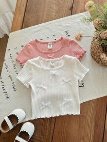SHEIN LMoss Kids 2件套休闲百搭纯色蝴蝶结针织上衣，适合女婴 - 彩色 - 查看 5
