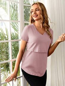 SHEIN Maternity Casual Solid Color V-Neck Short Sleeve T-Shirt, Convenient For Breastfeeding - Mauve Purple - View 6