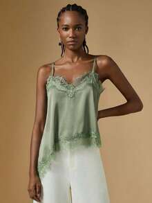 Briarwyn 女士夏季时尚纯色撞色蕾丝不对称下摆吊带背心 - 綠色 - 查看 5