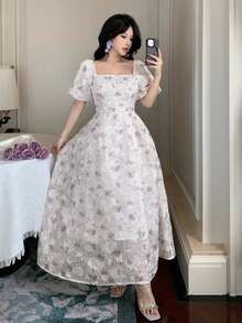 DAZY Đầm dài ngang gối kiểu Pháp in họa tiết hoa tulip dành cho nữ, đầm hè, đầm hoa cho nữ. - Nhiều màu - Xem 6