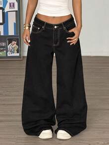 Muchica Women's Black Jeans, Low-Rise Wide-Leg Pants, Angel Wing Pattern On The Back, Y2K Style, Music Festival Outfit, Summer Pants. - Black - View 4