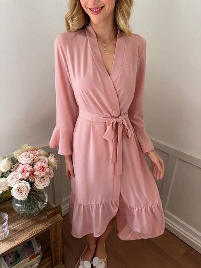 SHEIN رداء نسائي أنيق بأكمام مكشكشة وحزام، لون أحادي، مناسب للربيع والخريف