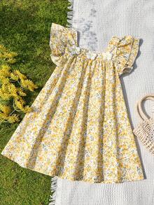 SHEIN Vintaside Kids 女童藍白條紋方領荷葉袖花卉裝飾寬鬆A字洋裝，適合休閒、海灘、夏季度假穿著 - 黃色 - 查看 3