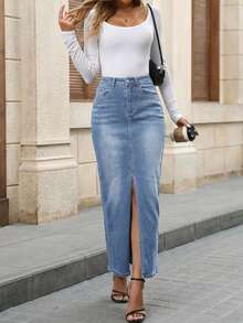 EMERY ROSE Women's High Waist Pocketed Slit Hem Long Denim Skirt - Blue - View 4