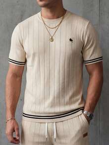 Airaco 夏季庆典季男士刺绣米色条纹针织Polo衫，街头休闲舒适装扮 - 杏色 - 查看 5