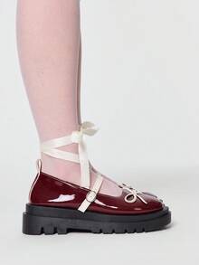ROMWE Kawaii 女士时尚甜美蝴蝶结装饰系带平底鞋 - 酒紅拼色 - 查看 4