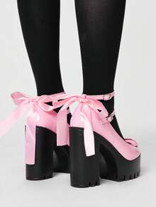 ROMWE Kawaii Women's Sexy Platform Mary Jane Shoes With Lace Bow Embellishment At The Back; Stylish Double-Strap Adjustable Back Strap With Buckle For Spring And Autumn; Perfect For Parties, Outings, And Dates. Y2K 2000s Style - Pink - View 4
