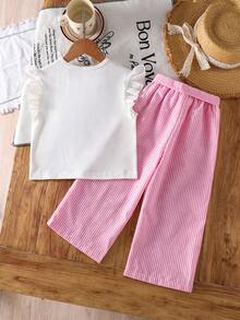 SHEIN LMoss Kids 女童蝴蝶结装饰上衣和条纹裤套装 - 粉色 - 查看 7
