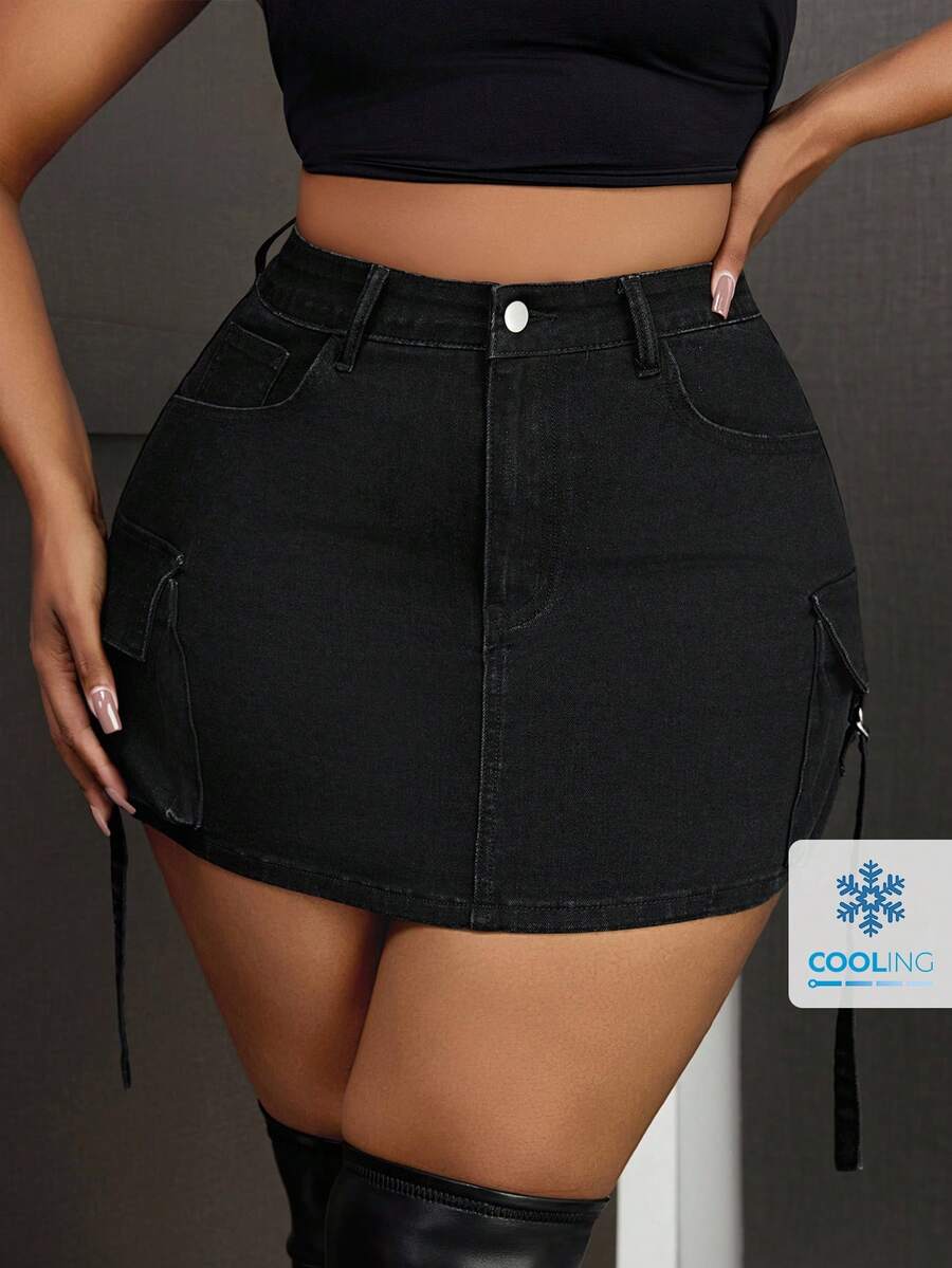 SHEIN SXY Plus Size Solid Color Denim Mini Skirt, Fashionable For Summer - Black - View 1