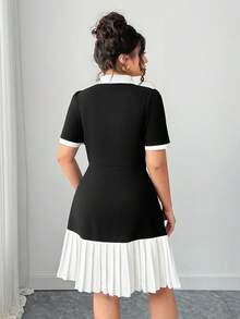 SHEIN CURVE+ Plus Size Summer Elegant Color Block Pleated Hem Dress - Black and White - View 2