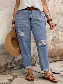 EMERY ROSE EMERY ROSE Plus Size Women Distressed Tapered Jeans,Dark Blue,Summer,Casual,Everyday Versatile Pocket Denim For Date,Party,Office,Commute,Vacation&Wedding Guest - Blue - View 4