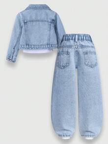 SHEIN ChillGRL 2025秋冬新款女童牛仔两件套，饰有花卉刺绣，包含短款牛仔外套和阔腿牛仔裤，时尚舒适，是度假和休闲外出的理想之选——完美礼物 - 淺色水洗藍 - 查看 2