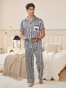 Men's Black & White Striped Heart Print Satin Lapel Short Sleeve Pajama Set - Multicolor - View 5