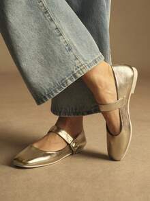 Rosivie Women's Square Toe Buckle Design Casual Loafers - Gold - View 1