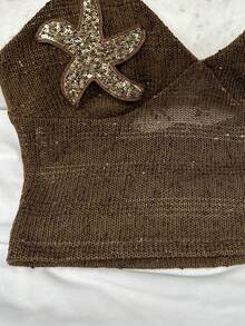 SaltGleam SaltGleam Women's Brown Hollow-Out Sequin Five-Pointed Star Design Backless Halter Top, Vacation & Casual Wear, Spring/Summer - Brown - View 3