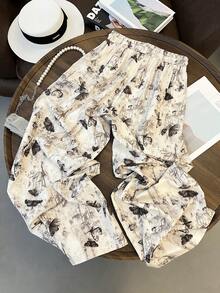 GlowEve Women's Fashion Casual Ink Butterfly Print Elastic Waist Drawstring Straight Leg Pants, Suitable For Daily Wear - Multicolor - View 2