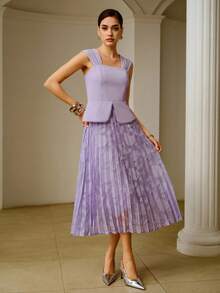 ZEYLAH Elegant Patchwork 2 In 1 Cut-Out Pleat Dress - Mauve Purple - View 4