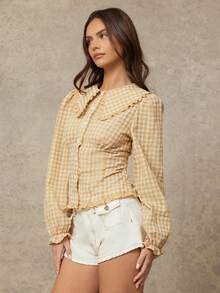 WESTFADE Gingham Ruffle Collar Button Front Fitted Long Sleeve Shirt Cute Fall Clothes For Women Country Concert Outfit - Khaki - View 3