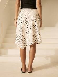 Aralina Women's Polka Dot Low Rise Wide Waistband Asymmetric Hem Flowy Midi Skirt Polka Dot Skirt Cute Going Out Outfit - Black and White - View 2