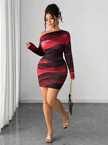 Elenzga Plus Size Women's Red Tie Dye Abstract Print One Shoulder Long Sleeve Bodycon Mini Dress,Dark Purple,Autumn,Classy,Night Out Club Ruched Elegant - Red - View 3
