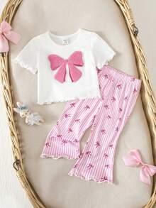 女婴可爱夏季休闲针织蝴蝶结短袖T恤和条纹裤套装 - 粉色 - 查看 4