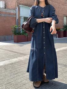 FRIFUL Women's Casual Denim Dress With Round Neck, Drop Shoulder, Long Sleeve, Single-Breasted, And Ruffle Hem - Blue - View 4