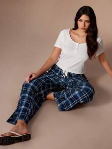 Lazeform Calça feminina casual, solta e reta, com amarração na cintura, canelada e com estampa xadrez. Confortável e versátil, ideal para primavera e verão. - Azul - Ver 6