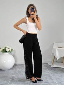 SHEIN Tall Pantalones rectos negros elegantes de malla y brillo para mujer, aptos para ir al trabajo, uso casual y diario, primavera/verano - Negro - Ver 4