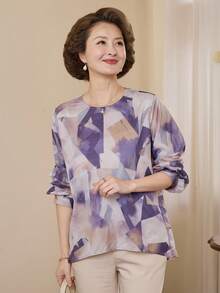 Vivie Lora Women's Loose Fit Round Neck Geometric Pattern Shirt - Purple - View 3