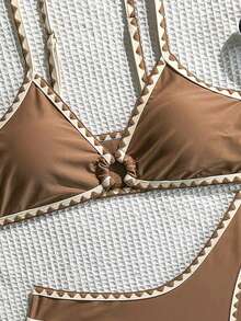 Swim Basics مجموعة بكيني ثلاثية قطع للنساء بخصر منخفض وتريم من أصداف البحر، بألوان صلبة وأشرطة قابلة للتعديل، موديل جديد لصيف - متعدد الألوان - مشاهدة 6