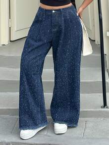 Dazy Plus Quần jeans ống rộng dài, chất liệu vải có họa tiết, cạp quần màu xanh nhạt và gấu quần thiết kế tua rua, thích hợp cho mọi mùa. - Rửa trung bình - Xem 8