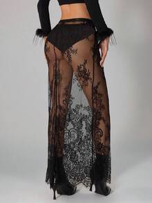 SHEIN PETITE Women's Sheer Lace Solid Color Sexy Mini Skirt - Black - View 2