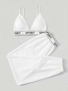 SHEIN EZwear 白色女士休闲运动针织裤套装，春夏女士夏季套装 白色配套两件套 女士运动套装 白色套装 女士夏季套装 棉质套装 女士两件套 女士夏季套装 女士夏季套装 - 白色 - 查看 5
