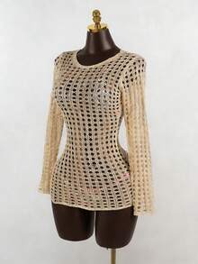 SaltGleam SaltGleam Women's Solid Color Round Neck Hollow Sheer Long Sleeve Pullover Sweater - Khaki - View 5